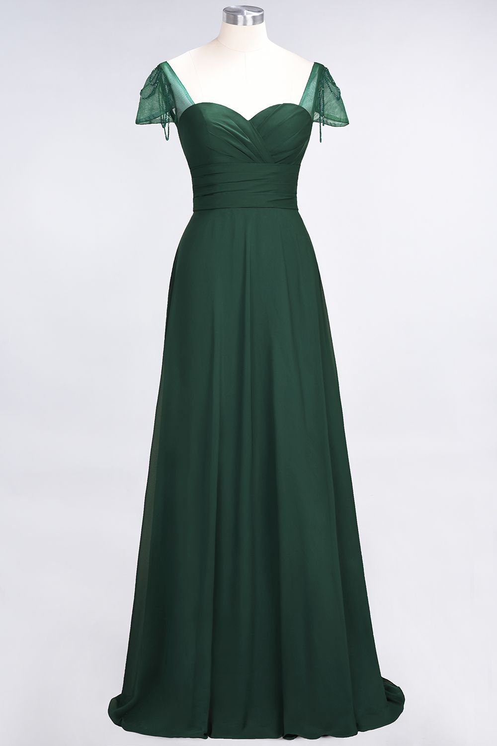 Chic Chiffon Sweetheart Cap-Sleeves Ruffle Bridesmaid dresses with Beadings