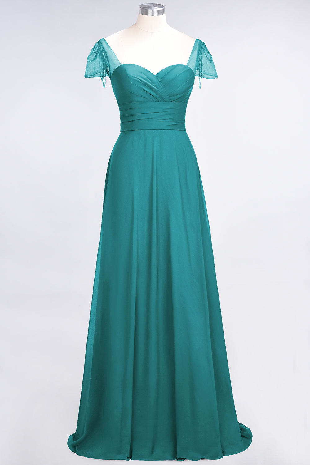 Chic Chiffon Sweetheart Cap-Sleeves Ruffle Bridesmaid dresses with Beadings