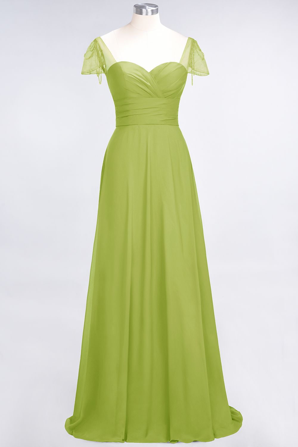 Chic Chiffon Sweetheart Cap-Sleeves Ruffle Bridesmaid dresses with Beadings