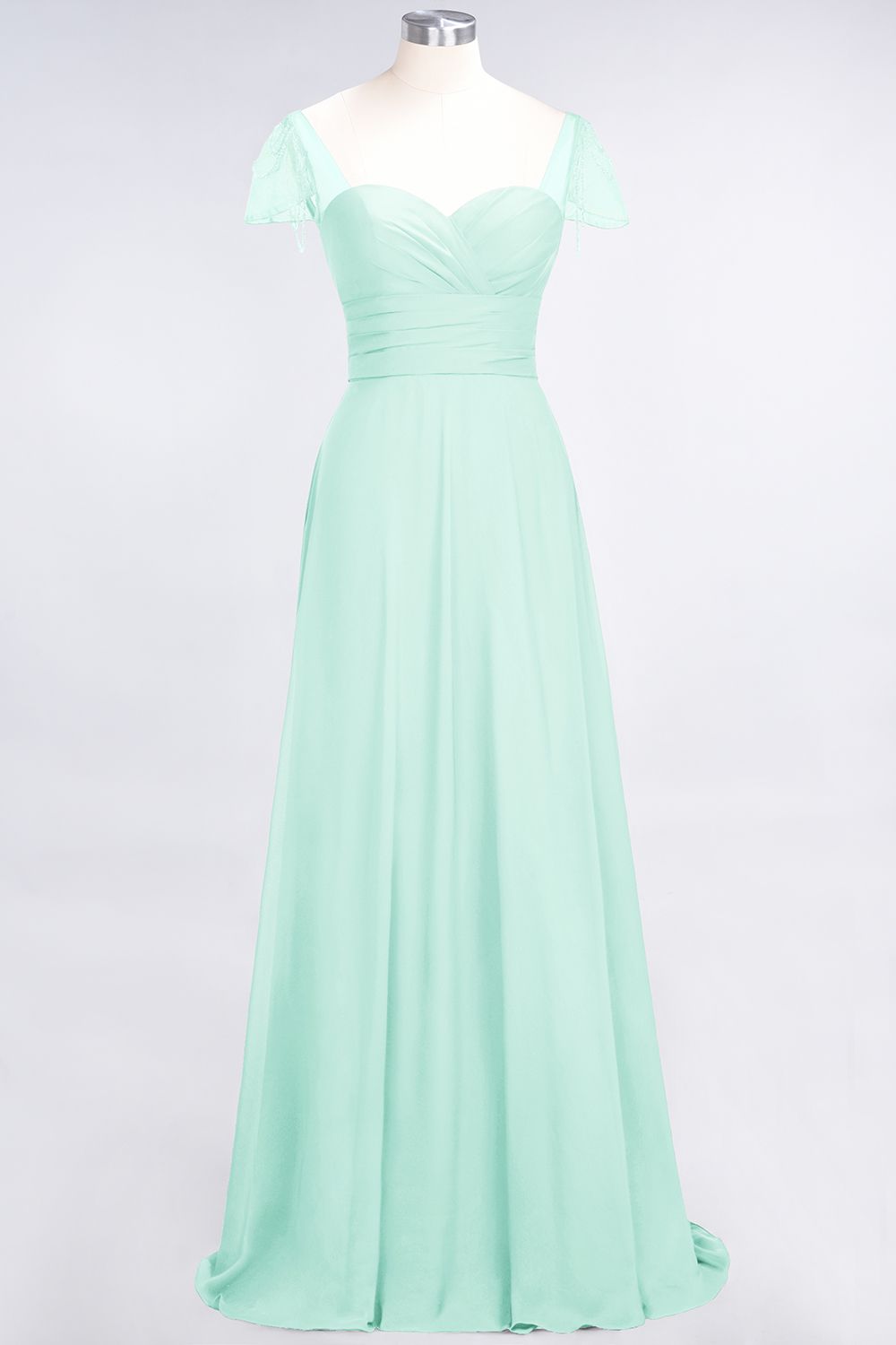 Chic Chiffon Sweetheart Cap-Sleeves Ruffle Bridesmaid dresses with Beadings