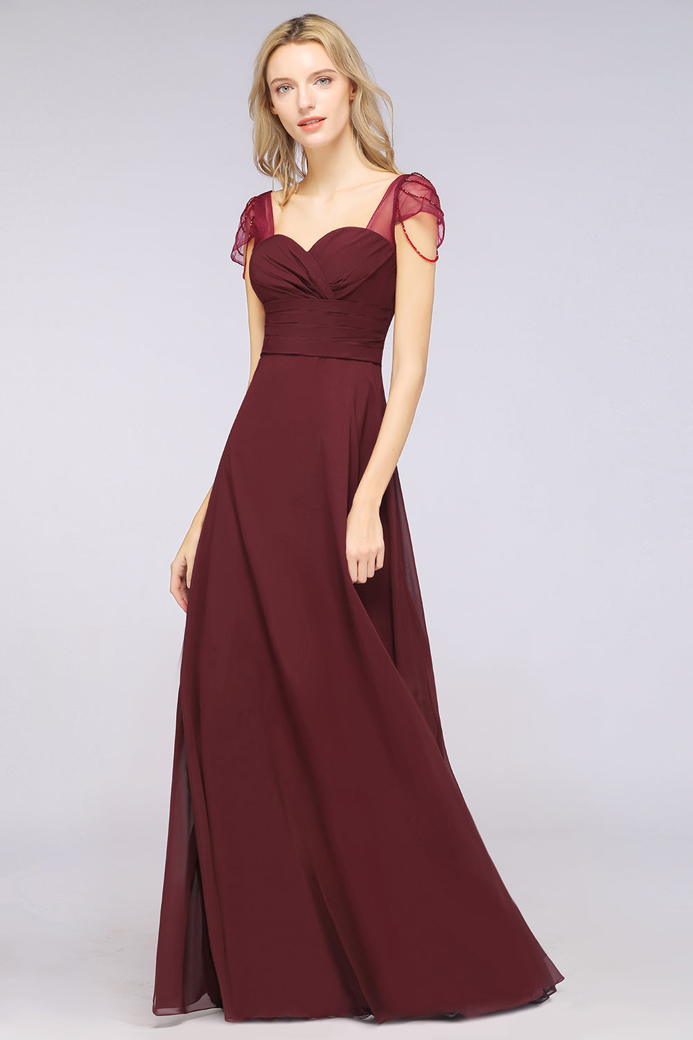 Chic Chiffon Sweetheart Cap-Sleeves Ruffle Bridesmaid dresses with Beadings - Fashionpara