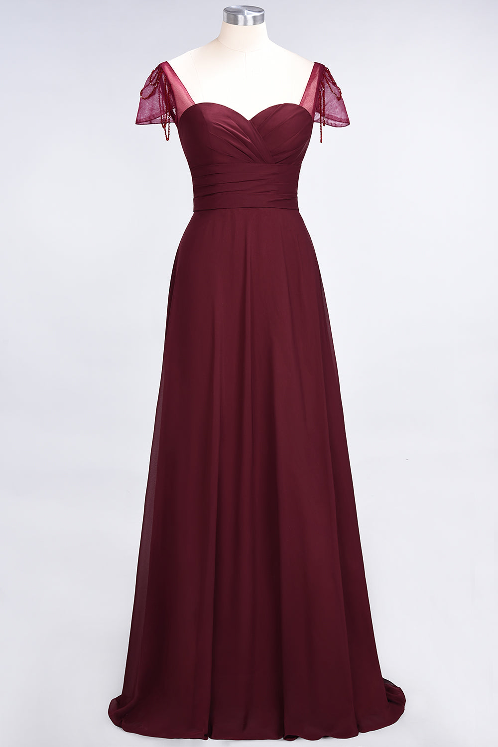 Chic Chiffon Sweetheart Cap-Sleeves Ruffle Bridesmaid dresses with Beadings