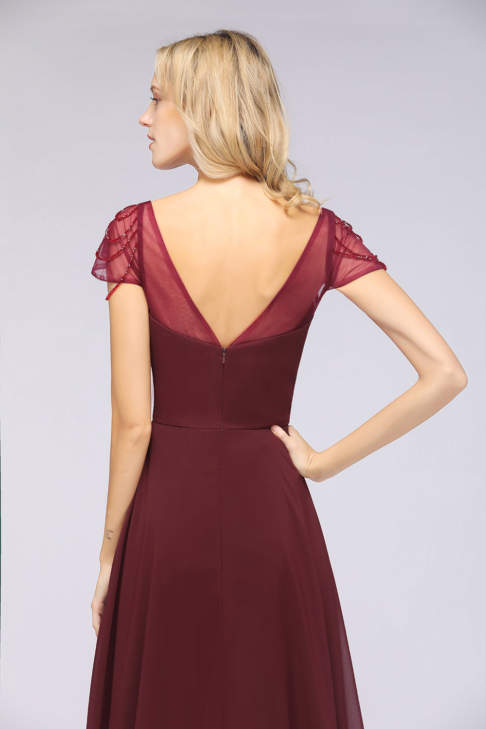Chic Chiffon Sweetheart Cap-Sleeves Ruffle Bridesmaid dresses with Beadings - Fashionpara
