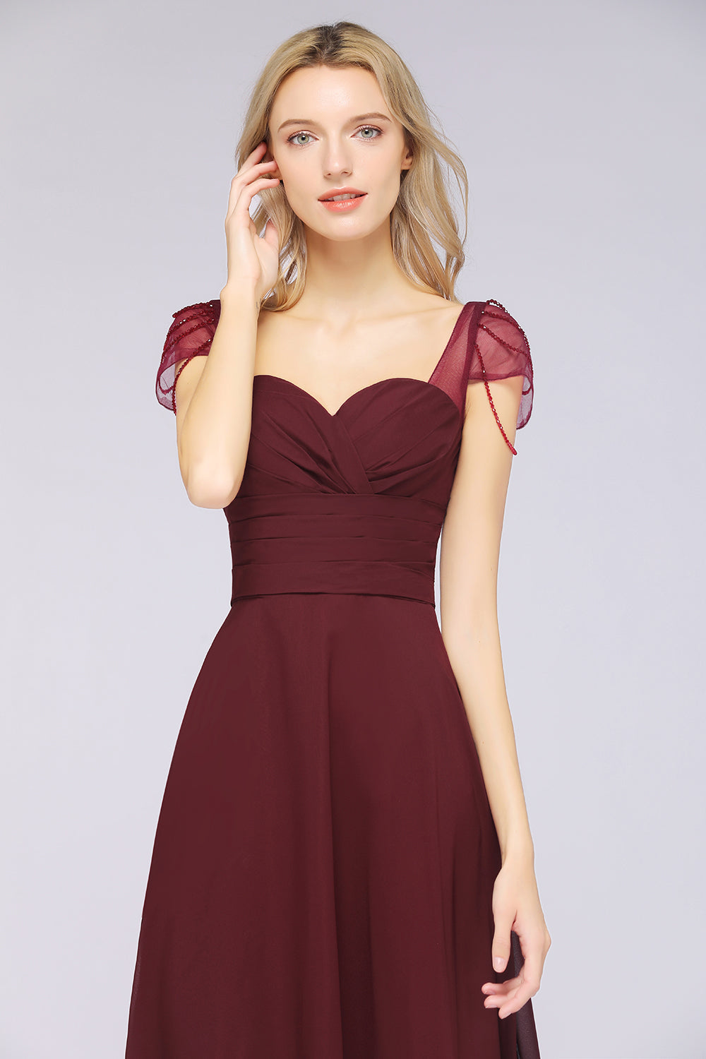 Chic Chiffon Sweetheart Cap-Sleeves Ruffle Bridesmaid dresses with Beadings - Fashionpara