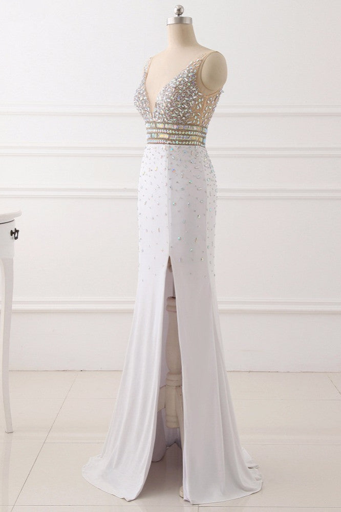 Chic Chiffon V-Neck Rhinestones Prom Dresses with Front Slit On Sale - Fashionpara