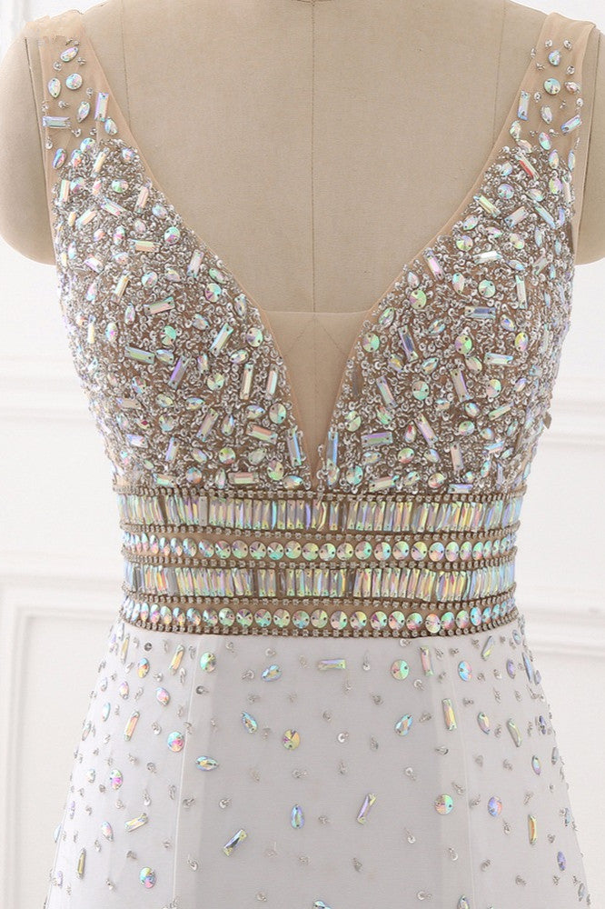 Chic Chiffon V-Neck Rhinestones Prom Dresses with Front Slit On Sale - Fashionpara