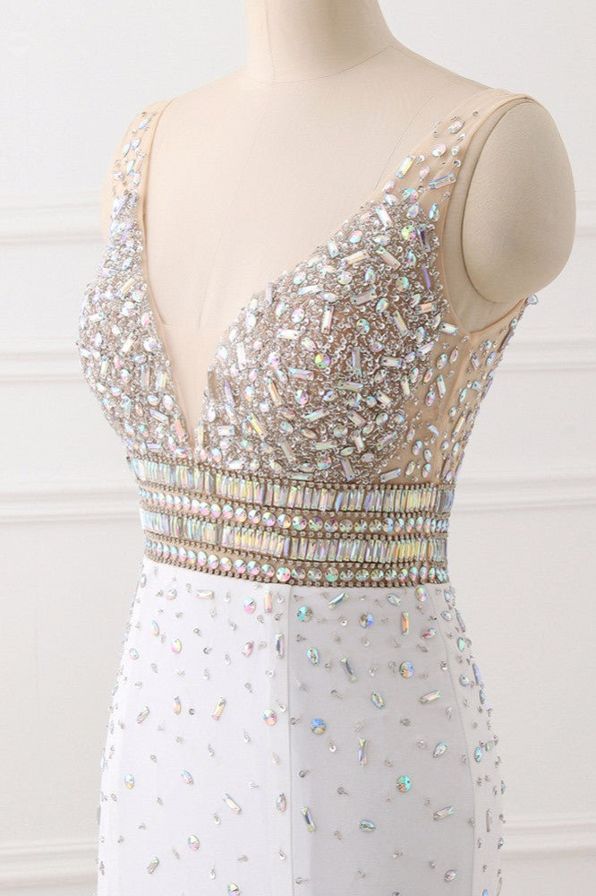 Chic Chiffon V-Neck Rhinestones Prom Dresses with Front Slit On Sale - Fashionpara