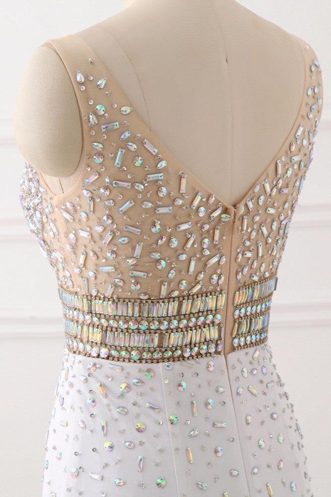 Chic Chiffon V-Neck Rhinestones Prom Dresses with Front Slit On Sale - Fashionpara