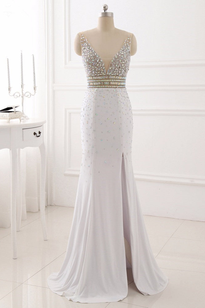 Chic Chiffon V-Neck Rhinestones Prom Dresses with Front Slit On Sale - Fashionpara
