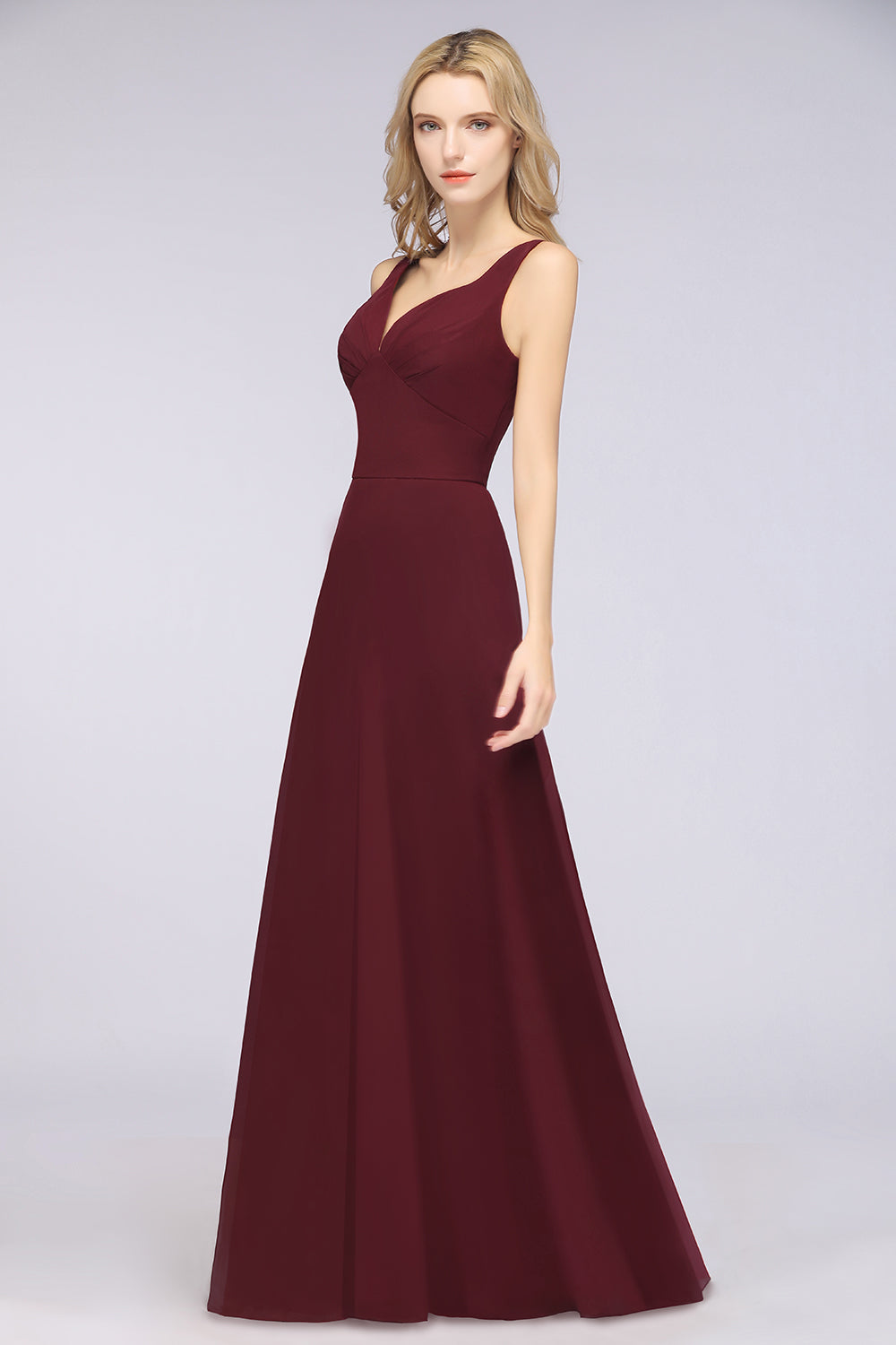 Chic Chiffon V-Neck Straps Ruffle Affordable Bridesmaid dresses with Open Back - Fashionpara