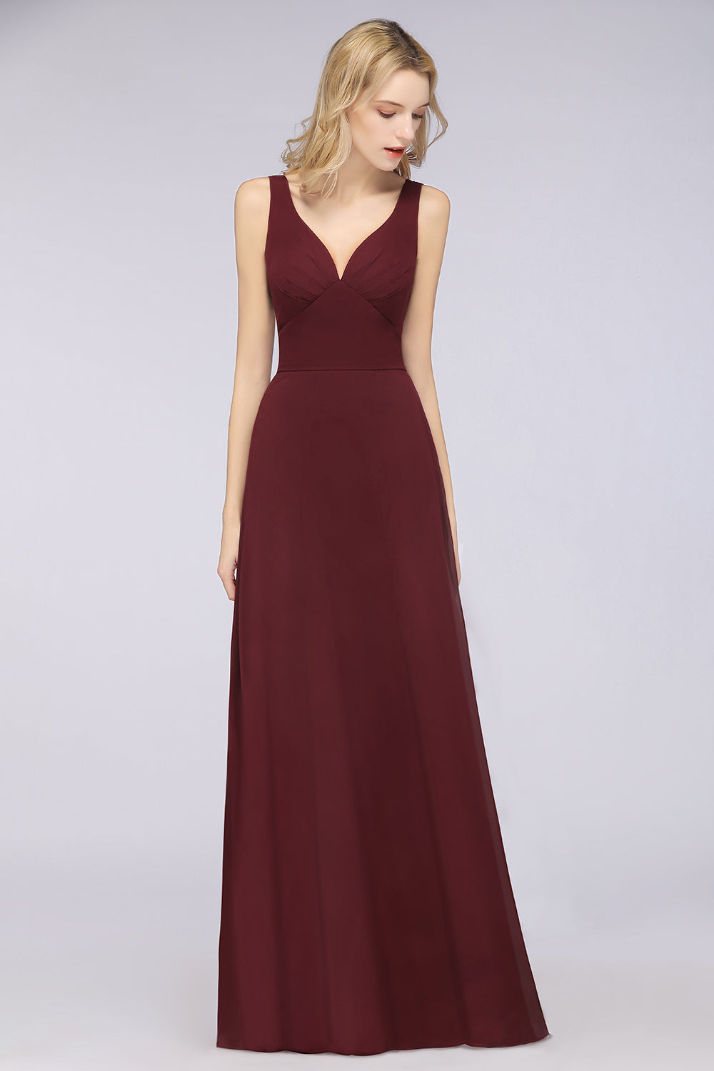 Chic Chiffon V-Neck Straps Ruffle Affordable Bridesmaid dresses with Open Back - Fashionpara