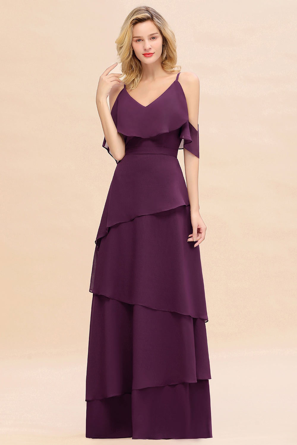 Chic Cold-Shoulder Layers Grape Chiffon Bridesmaid Dresses Affordable - Fashionpara