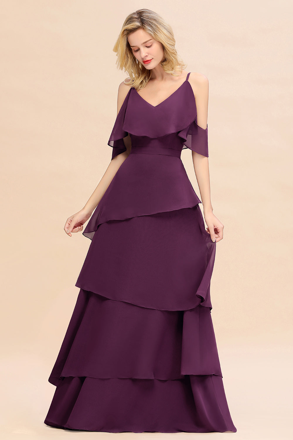 Chic Cold-Shoulder Layers Grape Chiffon Bridesmaid Dresses Affordable - Fashionpara