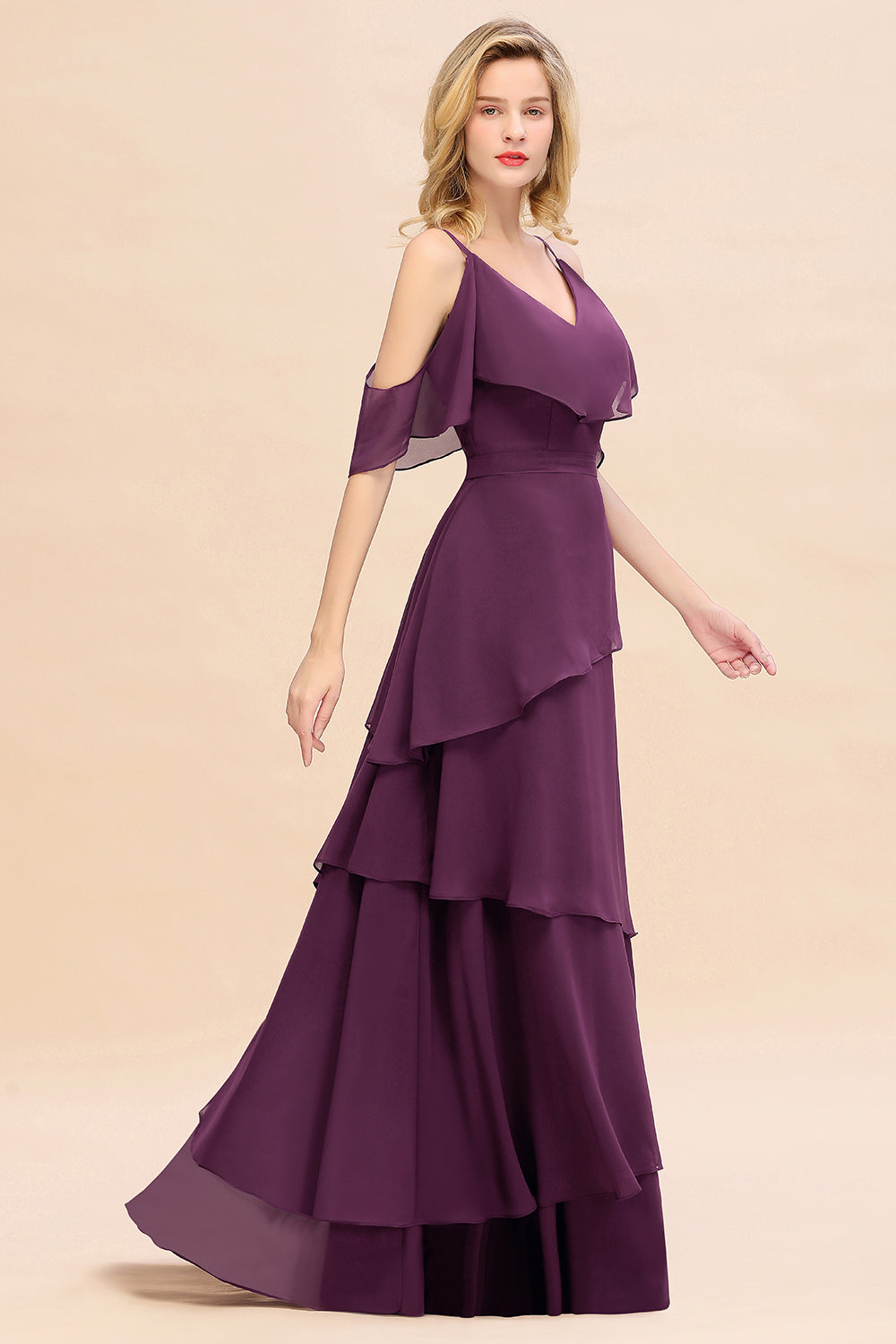 Chic Cold-Shoulder Layers Grape Chiffon Bridesmaid Dresses Affordable - Fashionpara