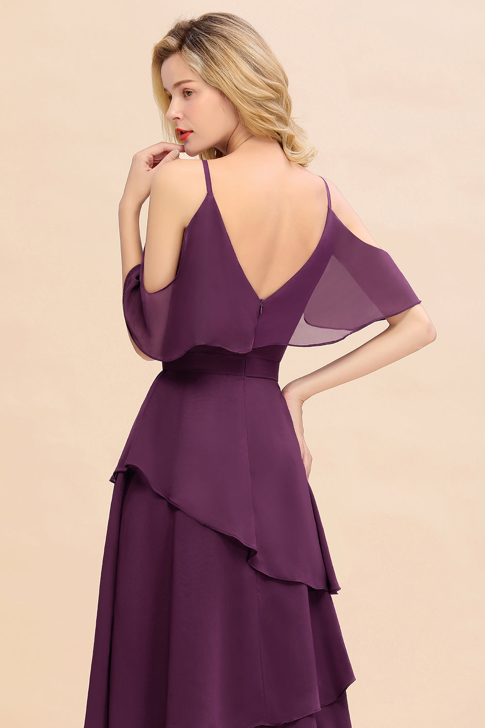 Chic Cold-Shoulder Layers Grape Chiffon Bridesmaid Dresses Affordable - Fashionpara
