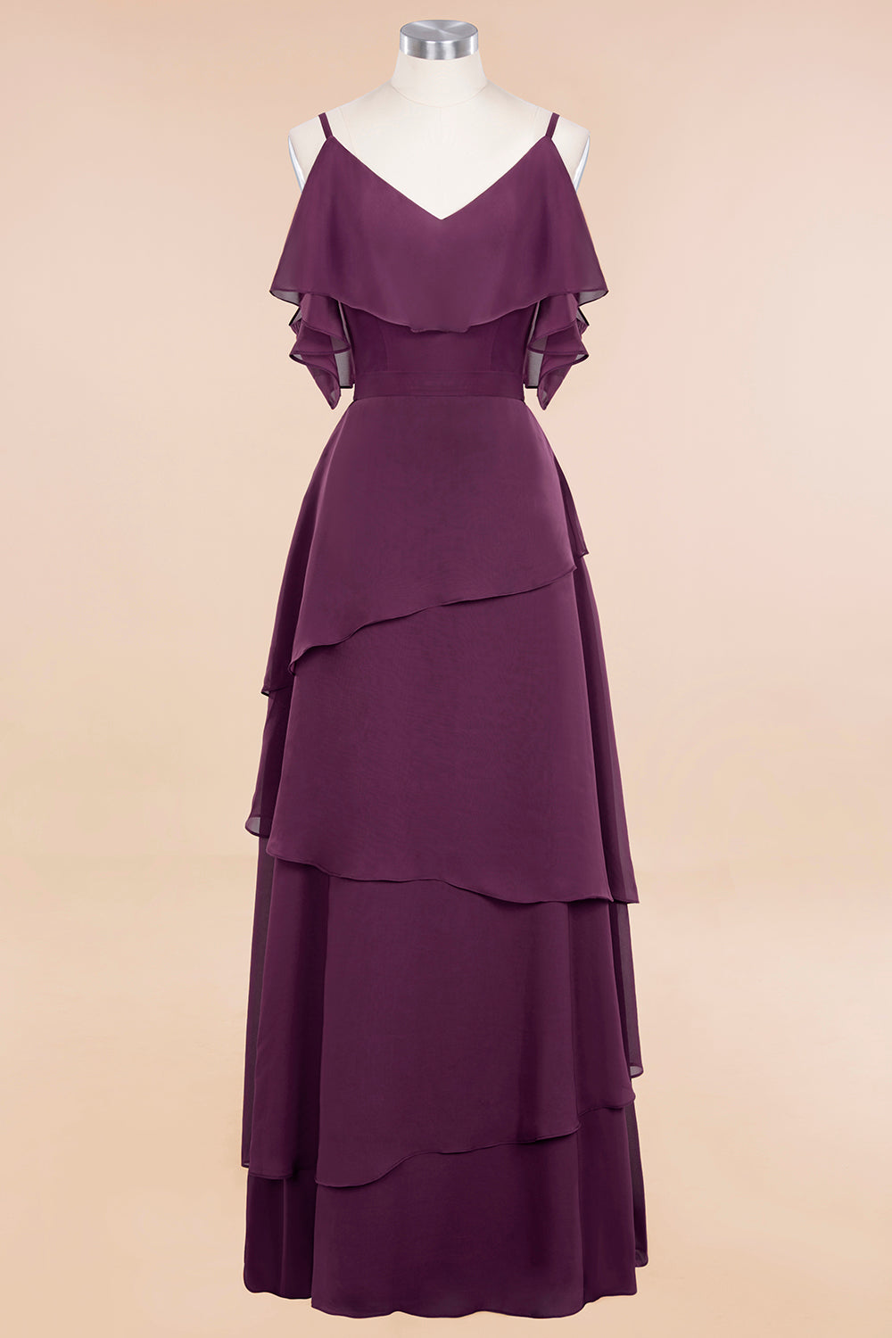 Chic Cold-Shoulder Layers Grape Chiffon Bridesmaid Dresses Affordable - Fashionpara