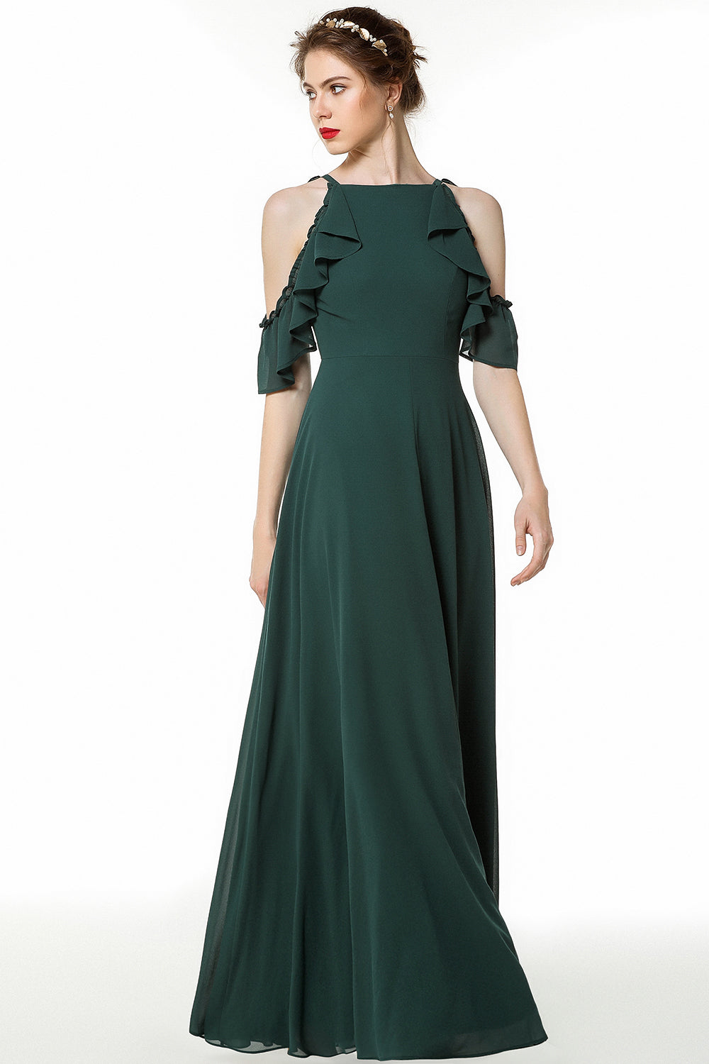 Chic Cold-shoulder Ruffle Dark Green Chiffon Bridesmaid dresses - Fashionpara