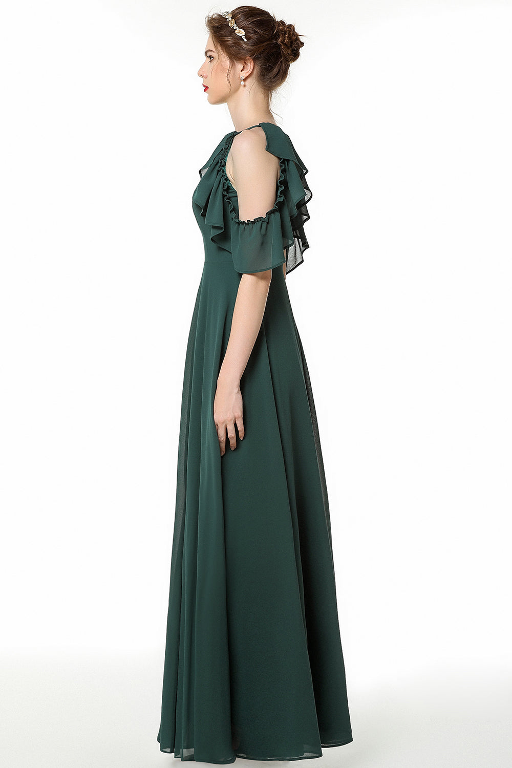 Chic Cold-shoulder Ruffle Dark Green Chiffon Bridesmaid dresses - Fashionpara