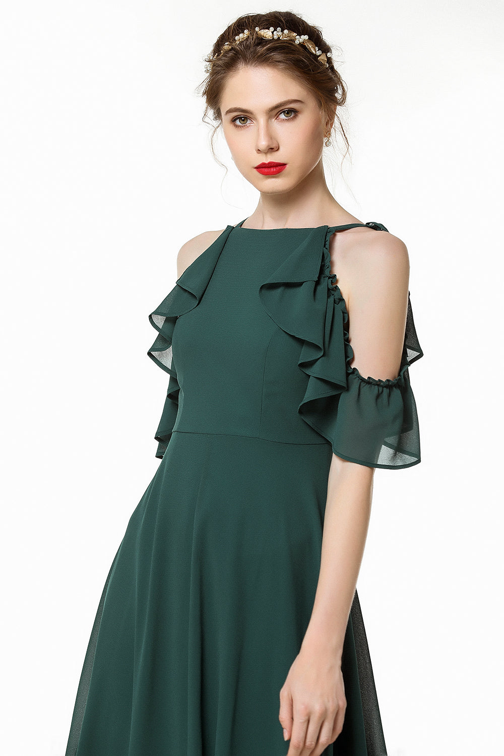 Chic Cold-shoulder Ruffle Dark Green Chiffon Bridesmaid dresses - Fashionpara