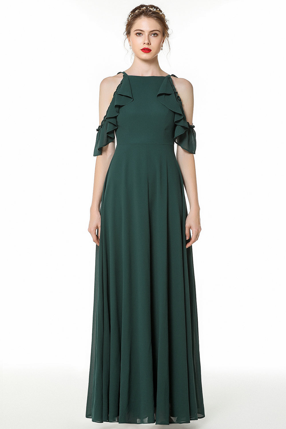 Chic Cold-shoulder Ruffle Dark Green Chiffon Bridesmaid dresses - Fashionpara