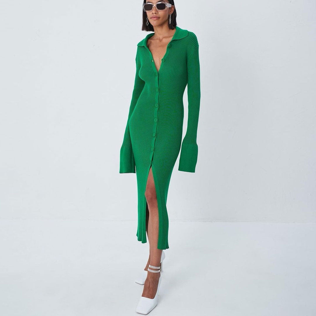 Ribbed Knit Collared Button-Down Long Sleeve Midi Dress