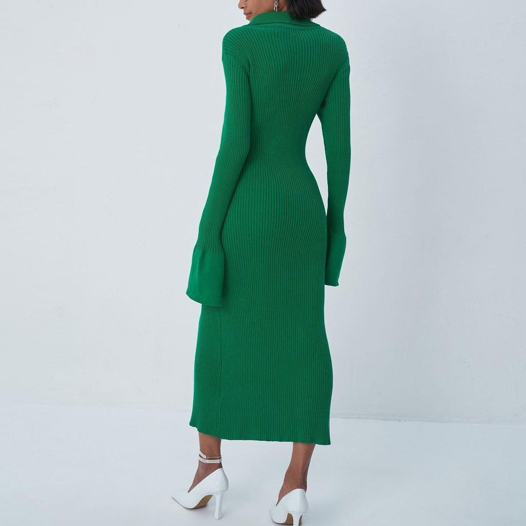 Ribbed Knit Collared Button-Down Long Sleeve Midi Dress 2