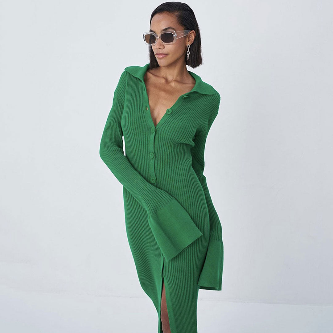 Ribbed Knit Collared Button-Down Long Sleeve Midi Dress 3