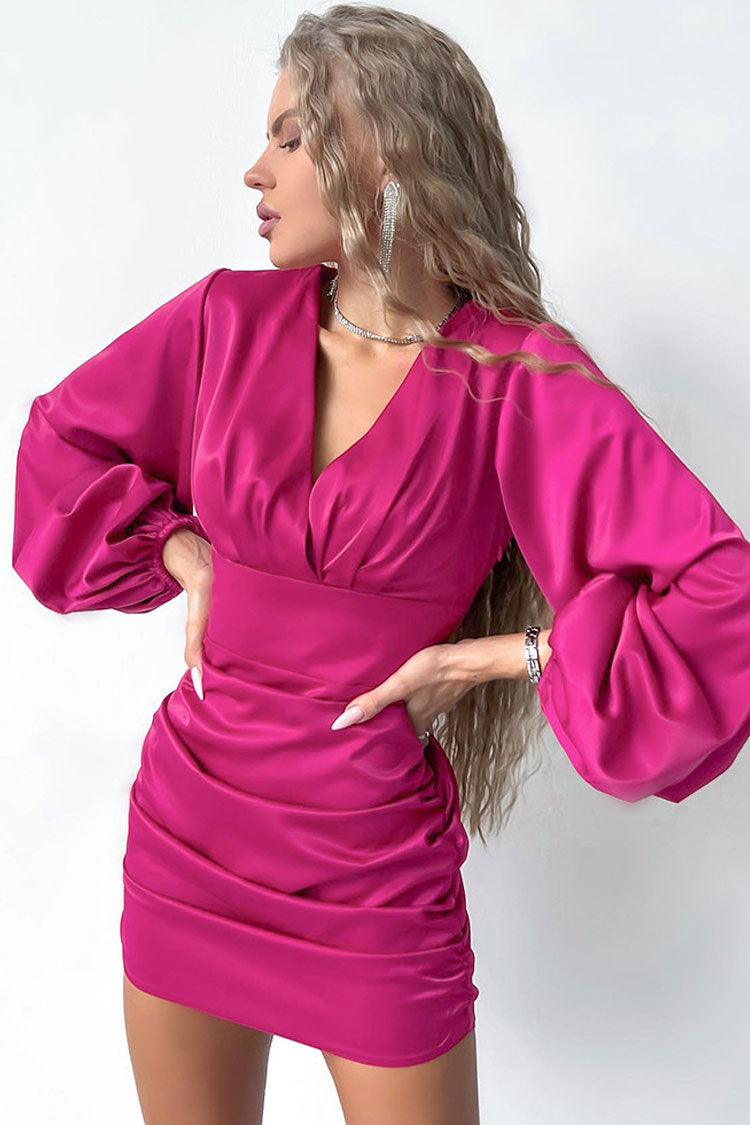 Chic Deep V Bishop Sleeve Ruched Bodycon Party Mini Dress - Hot Pink Fashionpara