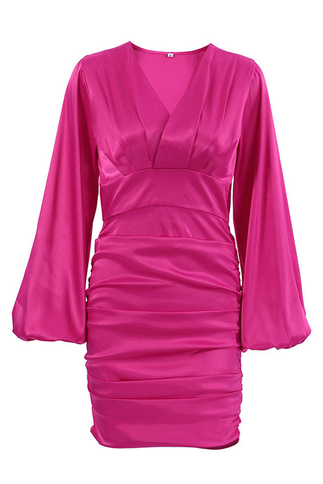 Chic Deep V Bishop Sleeve Ruched Bodycon Party Mini Dress - Hot Pink Fashionpara
