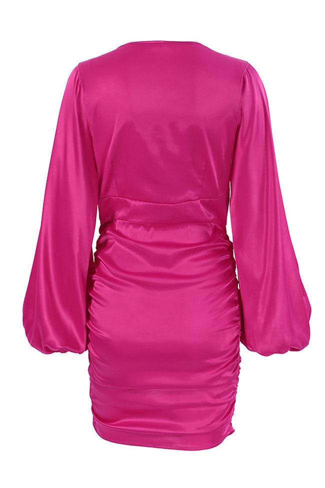 Chic Deep V Bishop Sleeve Ruched Bodycon Party Mini Dress - Hot Pink Fashionpara