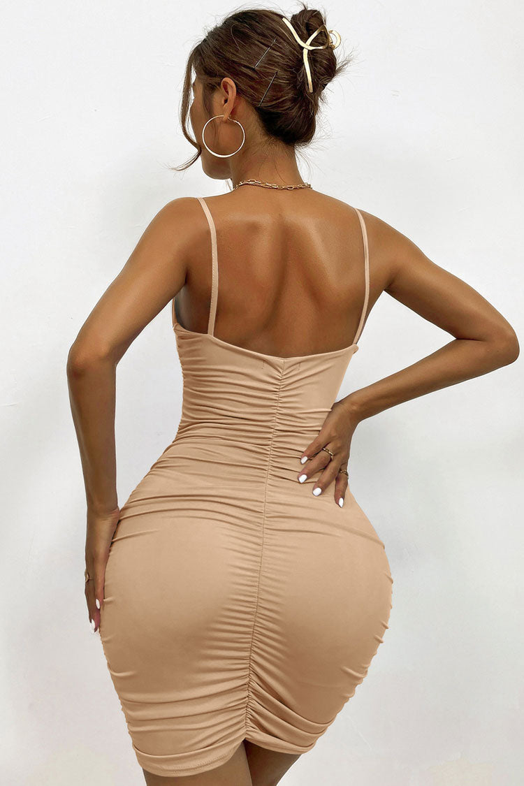 Chic Deep V Spaghetti Strap Sleeveless Bodycon Ruched Party Mini Dress - Khaki Fashionpara