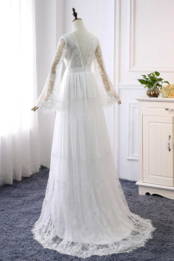 Chic Empire Lace Tulle Wedding Dress Long Sleeves V-Neck Appliques Bridal Gowns On Sale - Fashionpara