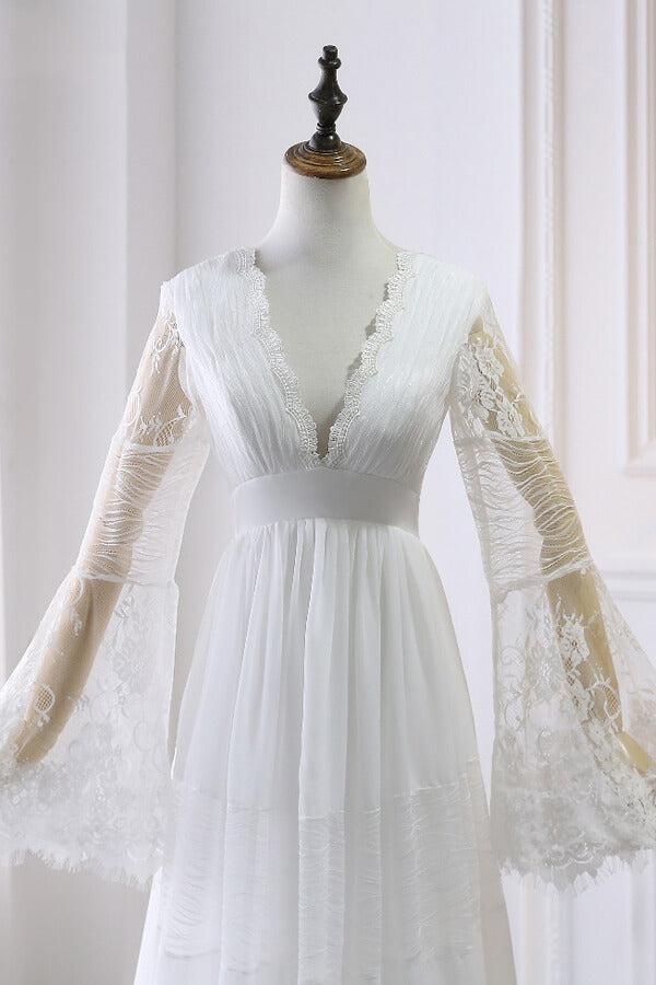 Chic Empire Lace Tulle Wedding Dress Long Sleeves V-Neck Appliques Bridal Gowns On Sale - Fashionpara