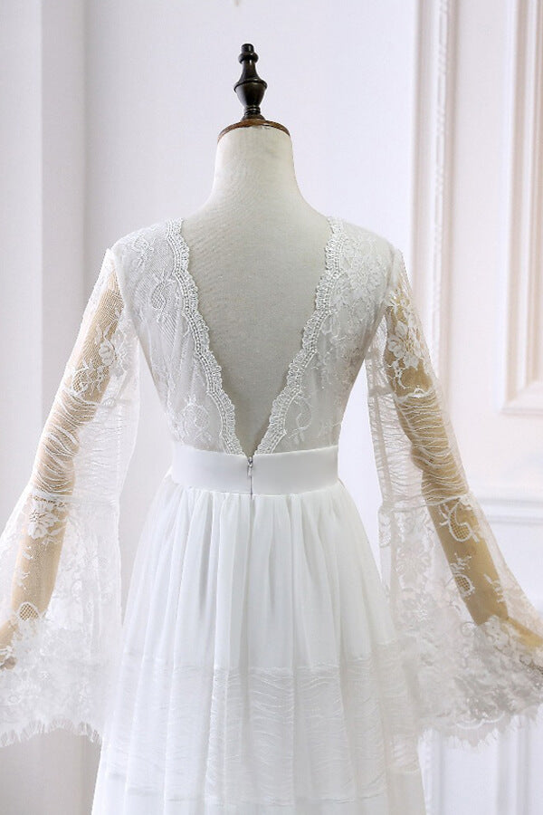 Chic Empire Lace Tulle Wedding Dress Long Sleeves V-Neck Appliques Bridal Gowns On Sale - Fashionpara