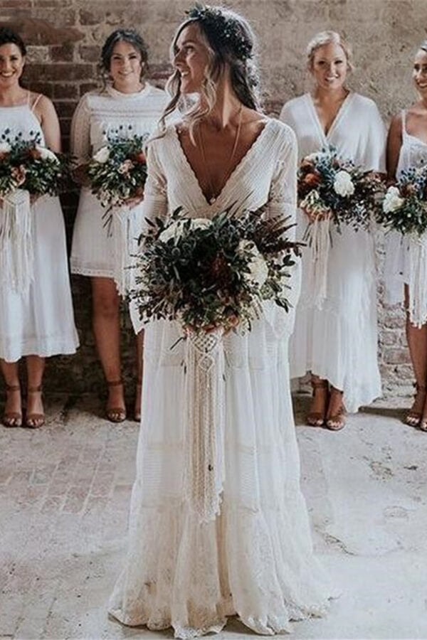 Chic Empire Lace Tulle Wedding Dress Long Sleeves V-Neck Appliques Bridal Gowns On Sale - Fashionpara