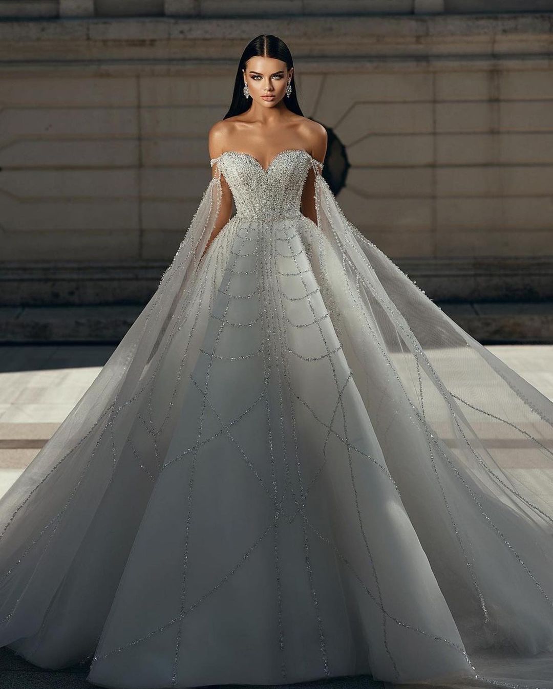 Stylish Floor-Length Sweetheart Off-The-Shoulder A-Line Sequined Bridal Dress - Fashionpara