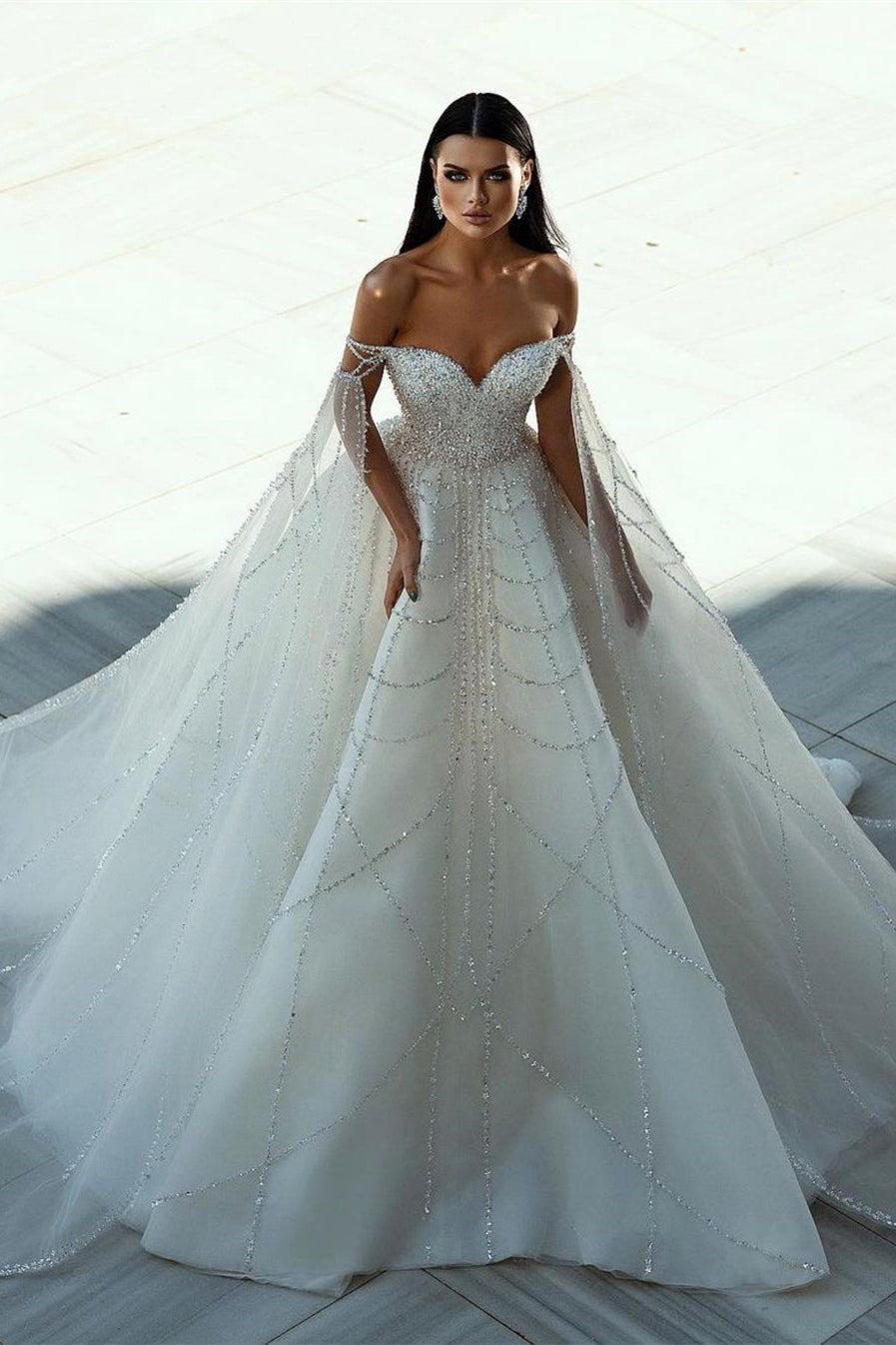 Stylish Floor-Length Sweetheart Off-The-Shoulder A-Line Sequined Bridal Dress - Fashionpara