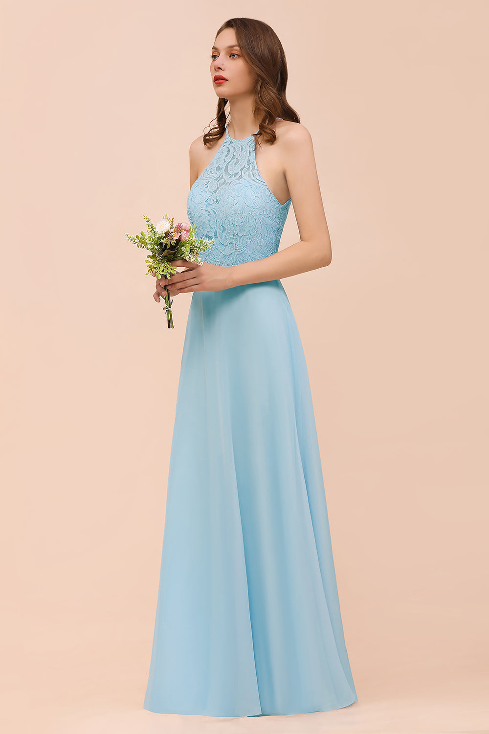 Chic Halter Sleeveless Affordable Sky Blue Bridesmaid Dresses with Lace - Fashionpara