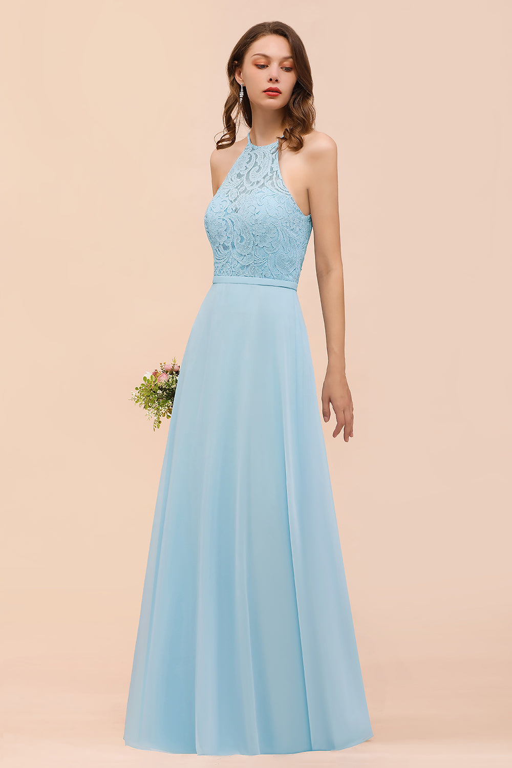 Chic Halter Sleeveless Affordable Sky Blue Bridesmaid Dresses with Lace - Fashionpara
