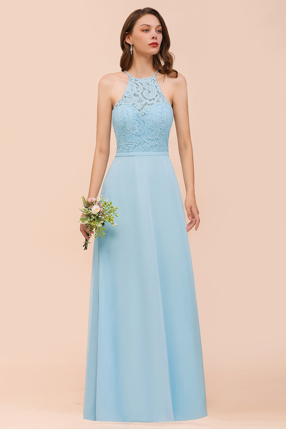 Chic Halter Sleeveless Affordable Sky Blue Bridesmaid Dresses with Lace - Fashionpara