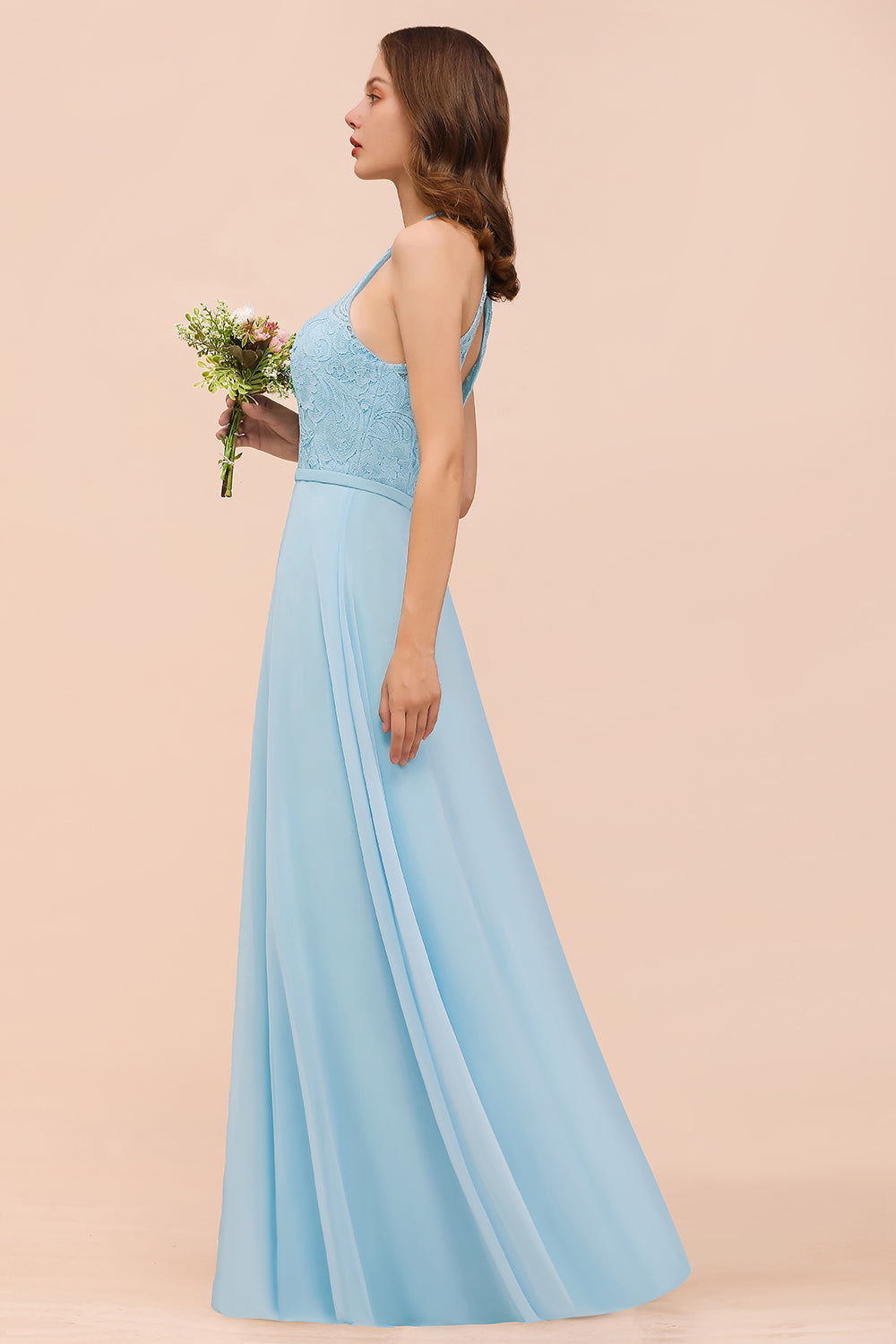 Chic Halter Sleeveless Affordable Sky Blue Bridesmaid Dresses with Lace - Fashionpara
