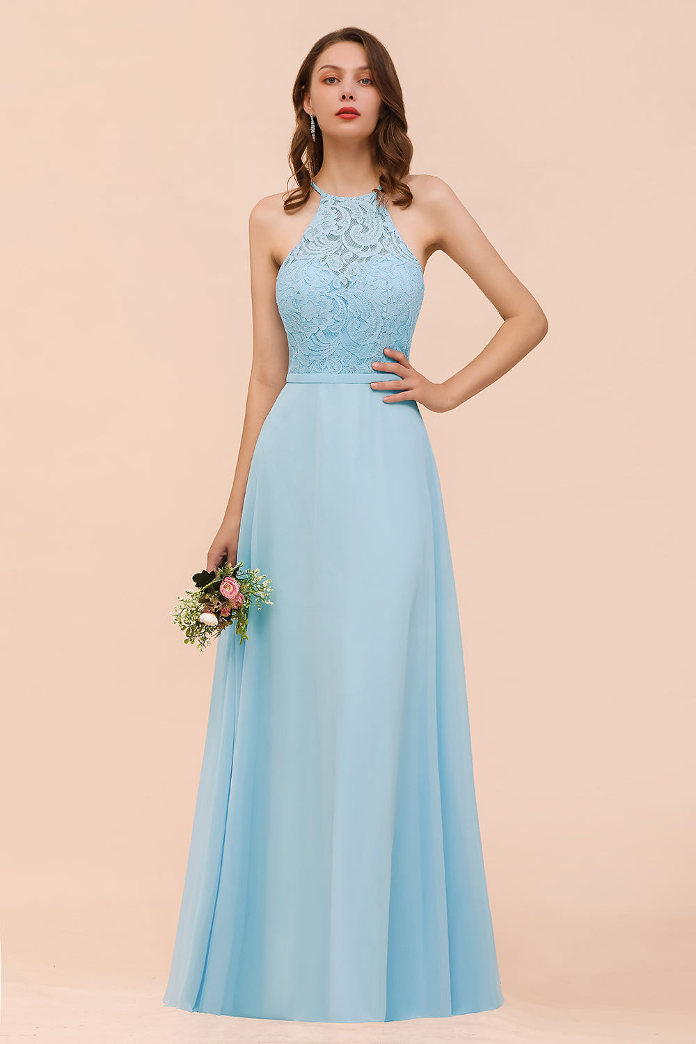 Chic Halter Sleeveless Affordable Sky Blue Bridesmaid Dresses with Lace - Fashionpara