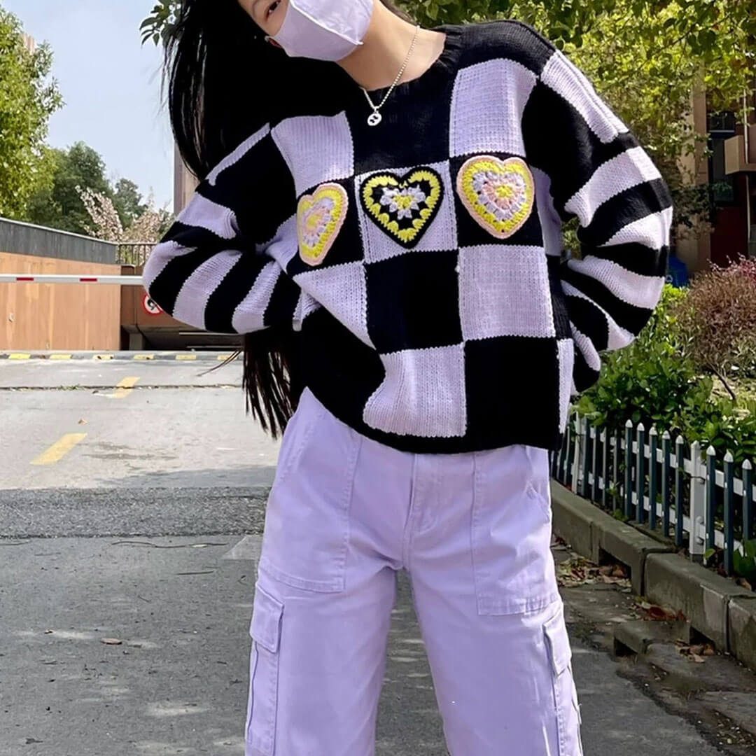Heart Checkered Drop Shoulder Long Sleeve Sweater - Purple