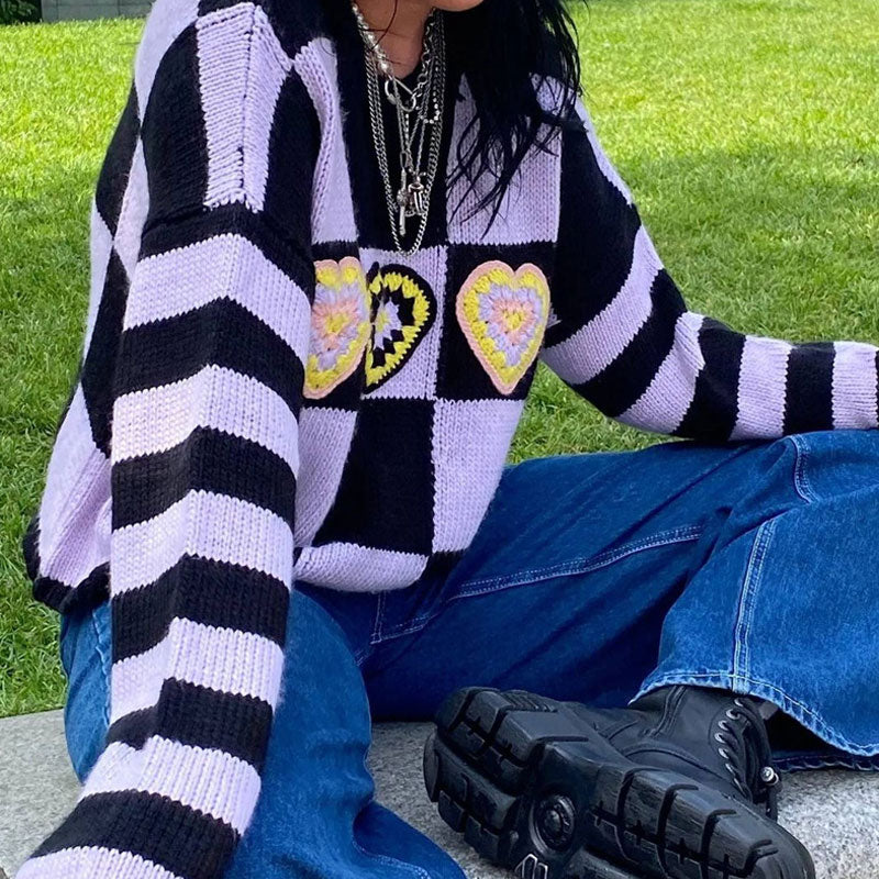 Heart Checkered Drop Shoulder Long Sleeve Sweater - Purple
