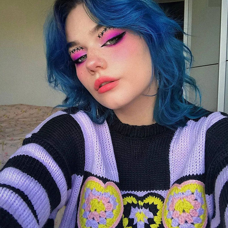 Heart Checkered Drop Shoulder Long Sleeve Sweater - Purple