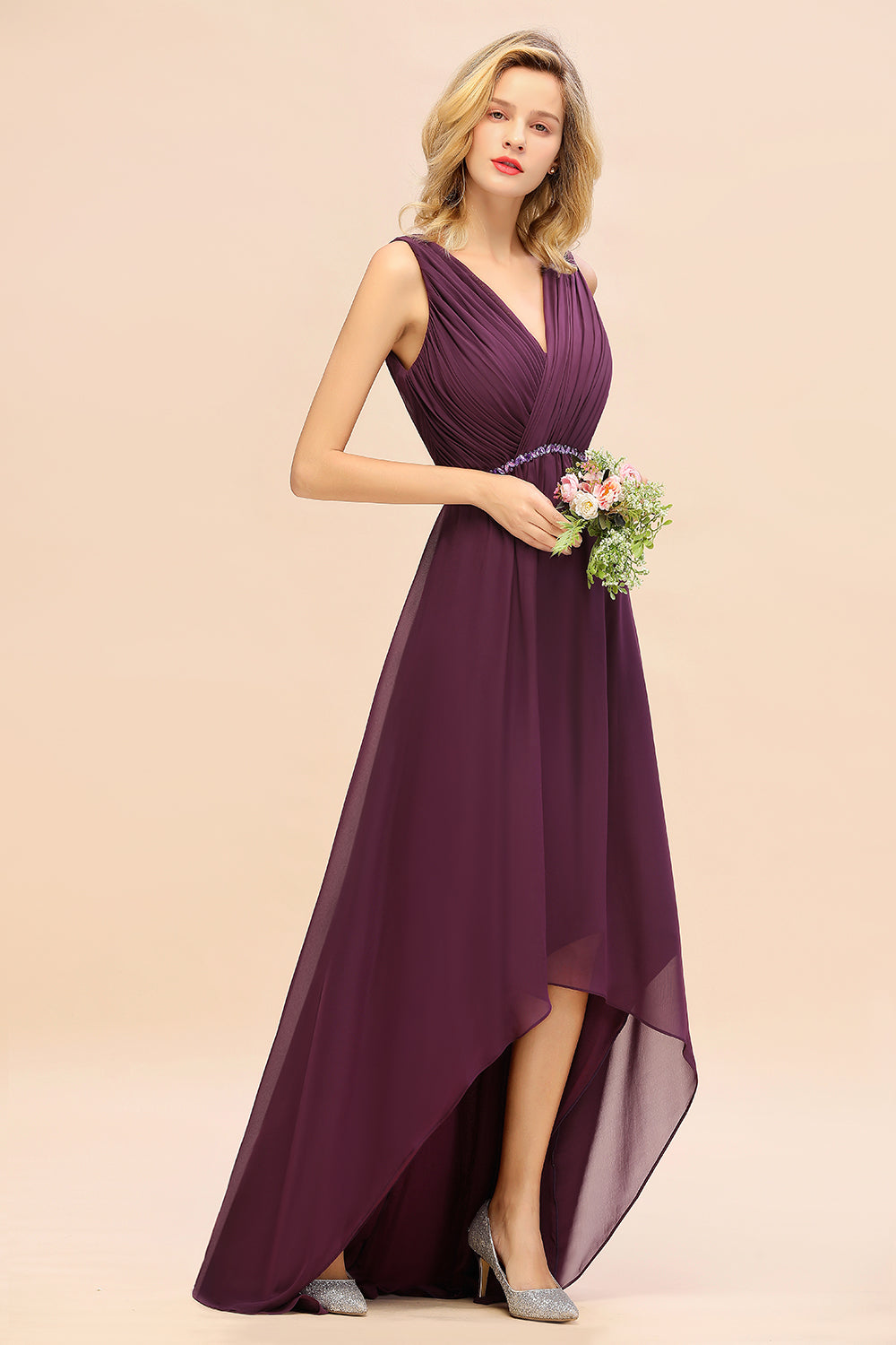 Chic Hi-Lo V Neck Ruffle Bridesmaid Dresses with Beading Sash - Fashionpara