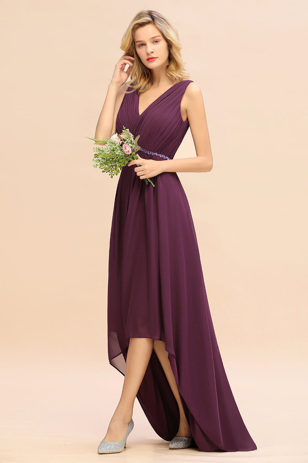 Chic Hi-Lo V Neck Ruffle Bridesmaid Dresses with Beading Sash - Fashionpara