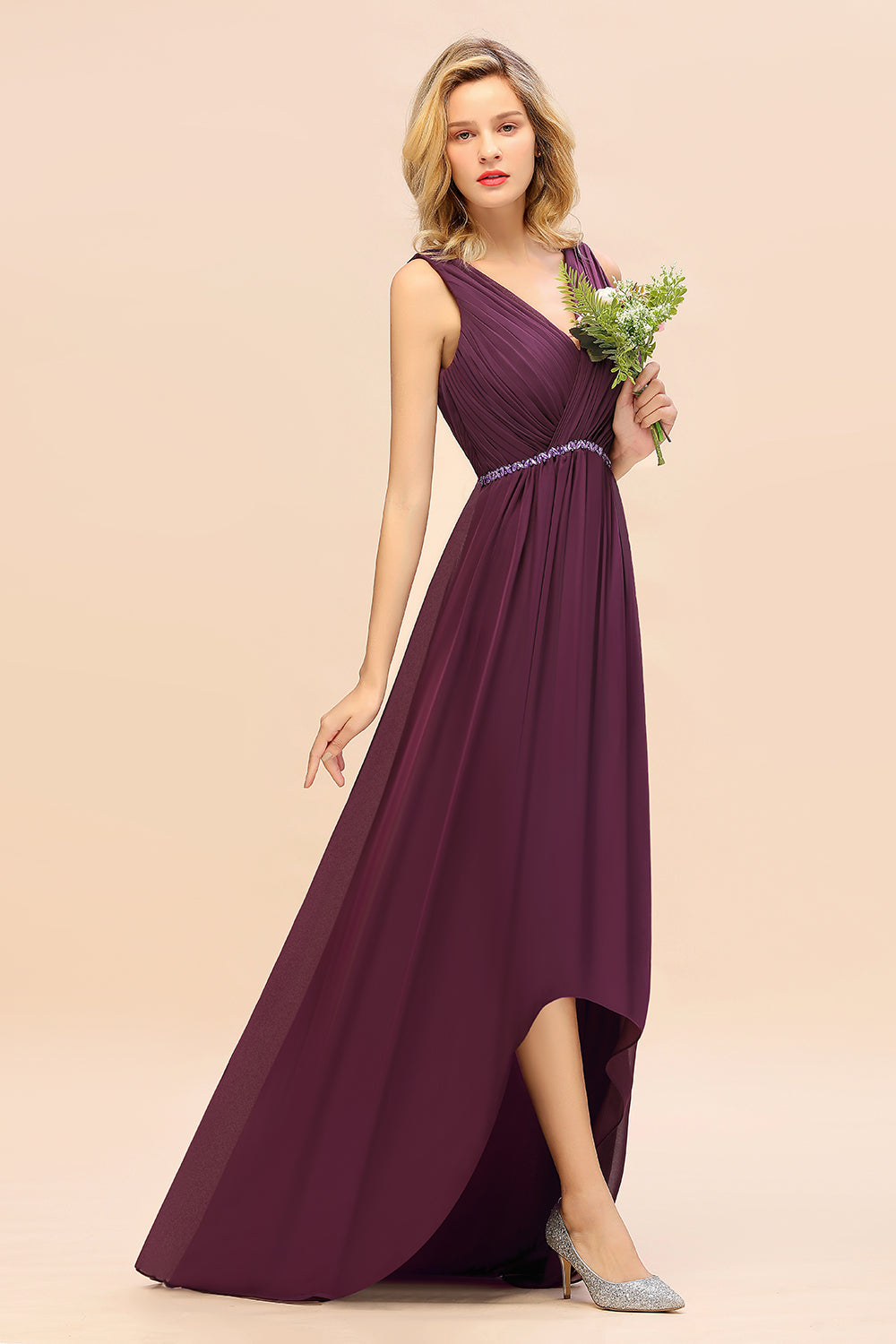 Chic Hi-Lo V Neck Ruffle Bridesmaid Dresses with Beading Sash - Fashionpara