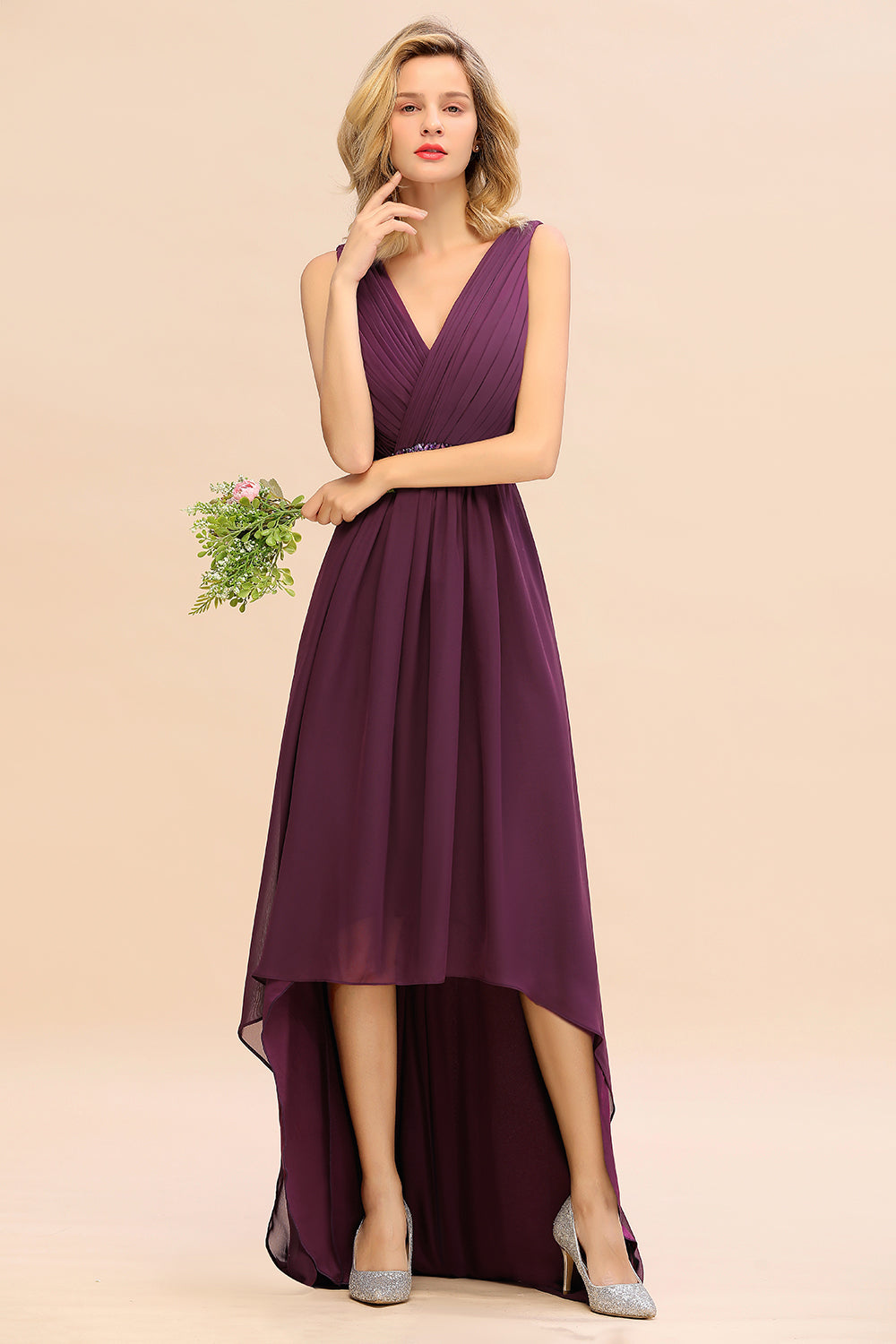 Chic Hi-Lo V Neck Ruffle Bridesmaid Dresses with Beading Sash - Fashionpara