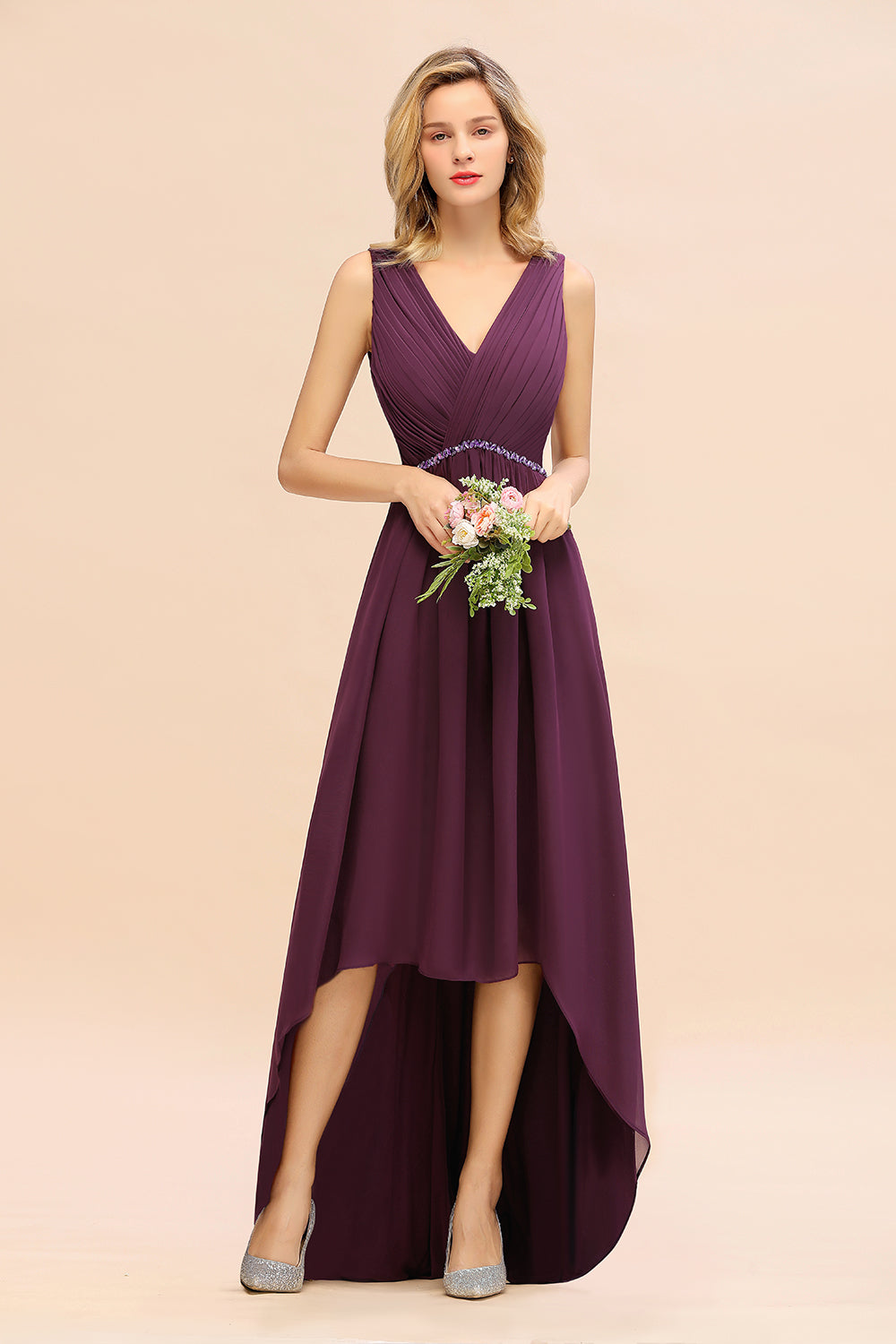 Chic Hi-Lo V Neck Ruffle Bridesmaid Dresses with Beading Sash - Fashionpara